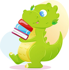 Green dinosaur carries books study
