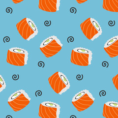 seamless pattern japanese traditional food, rolls, sushi. cartoon style on blue background