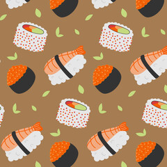 seamless pattern of sushi bar, rolls, sushi. Japanese restaurant national food, cartoon style on beige background