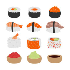 Colorful sushi set. Cartoon sushi. Asian food. Vector illustration