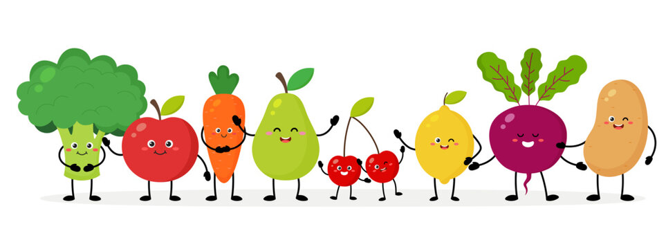 Fruits and vegetables characters with different poses and emotions. Healthy food. Vector illustration on a white background. Cheerful food mascots in flat design.