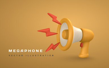 3d cartoon megaphone with lightning. Speaking trumpet. Vector illustration