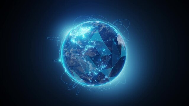 4K resolution, Digital Grid earth background. Internet connection by satellites. Global network connection, 3d rendering, blue radial glowing.