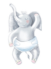 Sleeping cute baby elephant. Illustration on a white background baby animal in a diaper is sleeping. Cute watercolor painting.