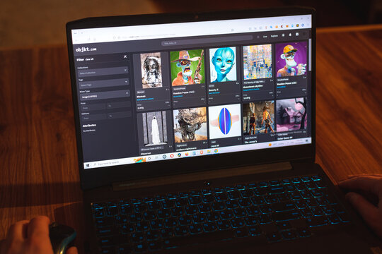 Objkt, the largest NFT marketplace on blockchain Tezos, on Lenovo laptop display on November 19, 2022, in Tbilisi, Georgia. Tezos is famous for a large volume of NFT trade.