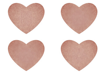 Set of 4 heart shaped valentine's cards. 2 with pattern, 2 with copy space. Pale pink background and light beige pattern on it. Cloth texture. Hearts size about 8x7 inch / 21x18 cm (p01ab)