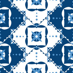 Vintage tile pattern seamless vector with mosaic parquet. Blue and white ceramic texture. Portuguese azulejos background for kitchen floor or bathroom wall.