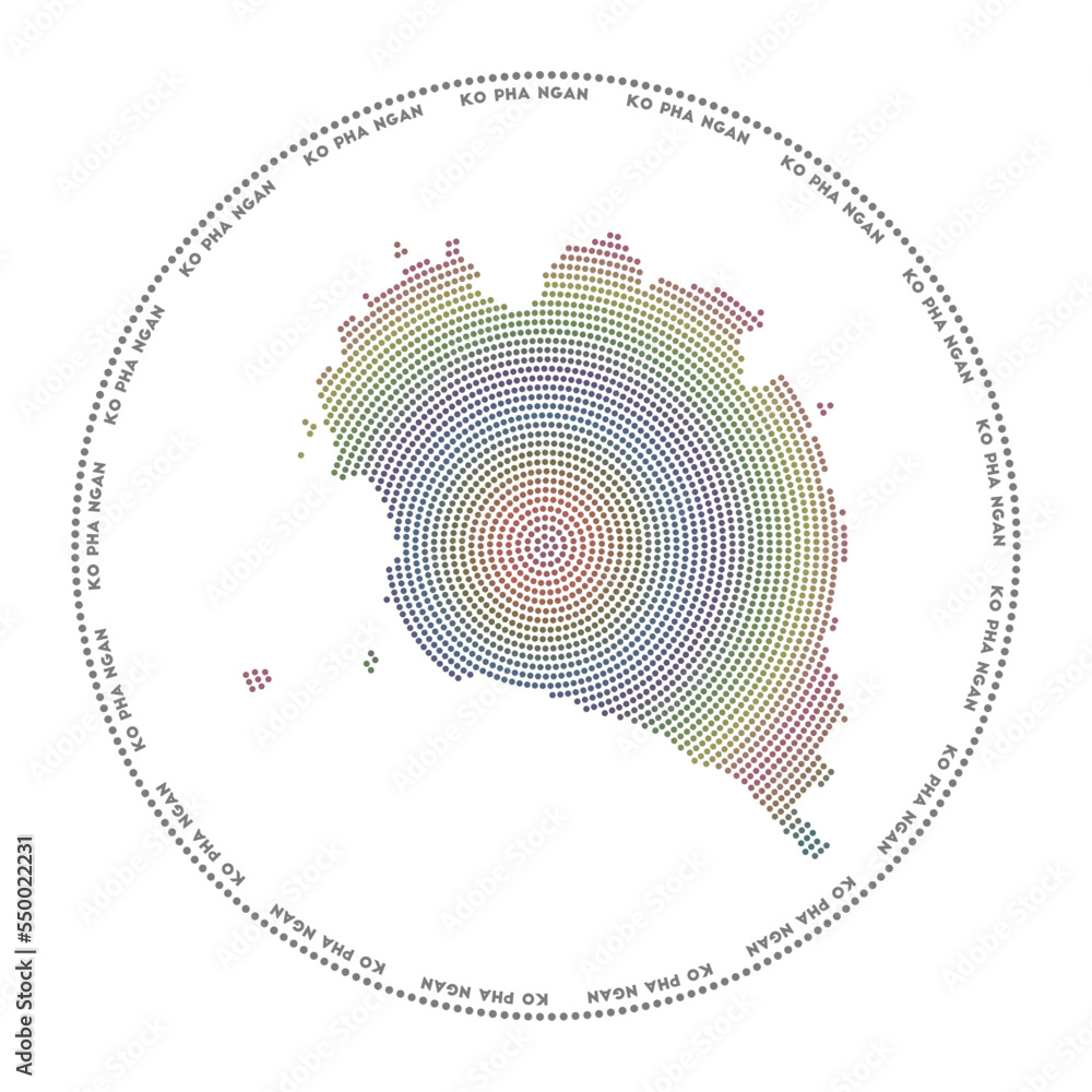 Poster ko pha ngan round logo. digital style shape of ko pha ngan in dotted circle with island name. tech i