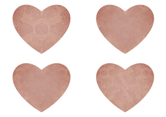 Set of 4 heart shaped valentine's cards. 2 with pattern, 2 with copy space. Pale pink background and light beige pattern on it. Cloth texture. Hearts size about 8x7 inch / 21x18 cm (p05ab)