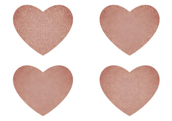 Set of 4 heart shaped valentine's cards. 2 with pattern, 2 with copy space. Pale pink background and light beige pattern on it. Cloth texture. Hearts size about 8x7 inch / 21x18 cm (p07-2ab)
