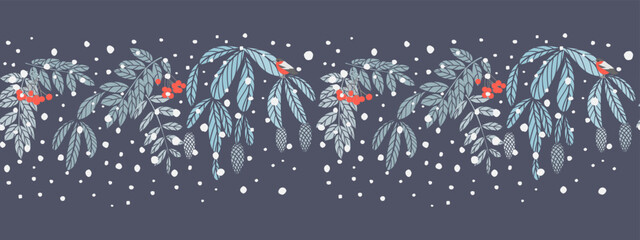 Fototapeta na wymiar seamless border. Winter pattern of spruce and rowan branches, snow flakes and birds on a dark blue background
