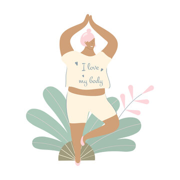 Body positivity cute young plump afro girl with more size-inclusive body do yoga.Plumpish lady in tree pose.Concept of evolving beauty standards and diversity.Inscription I love my body.Vector