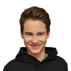Nice guy 13-14 years old European in black hoodie smiling on a beige background, close-up portrait as a mock-up isolated on white transparentbackground.