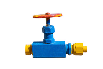 Small yellow gas cock valve close-up as a teaching aid isolated on a white transparent background.