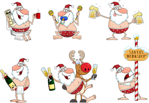 Drunk Naked Santa Claus And Reindeer Cartoon Characters. Vector Hand Drawn Collection Set Isolated On Transparent Background