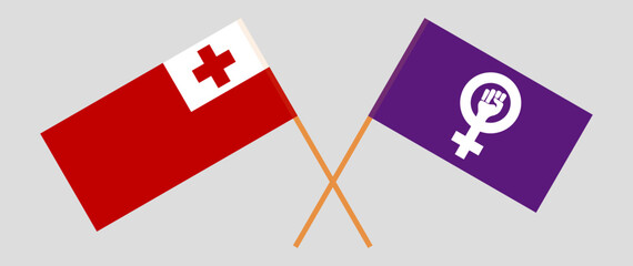 Crossed flags of Tonga and Feminism. Official colors. Correct proportion