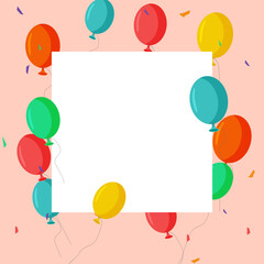 Vector greeting frame with balloons. Pink background. Greeting card