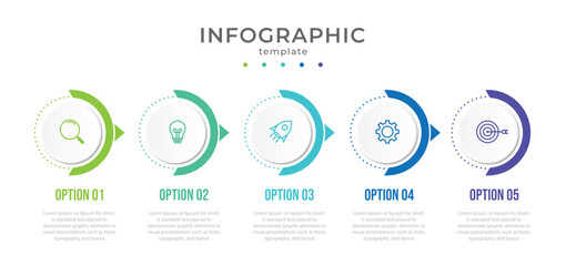 Timeline infographic template design with arrows and circles. Business concept with 5 options, steps, sections.