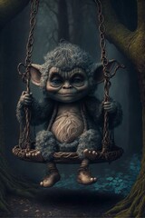A cute little tree troll sitting in a swing 