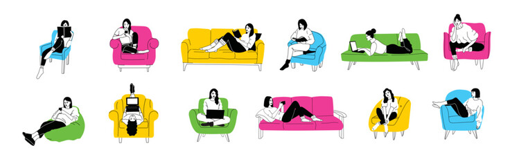Girls sitting in armchair, sofa at home. Woman with laptop, mobile phone and book on the chair, sofa. Freelance or studying concept. Female character, chatting online using laptop, resting