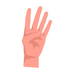 Hand showing 4 fingers, number four. Hand gestures cartoon vector illustration. Human palm with finger, showing numbers, direction, symbol and sign. Gesturing concept