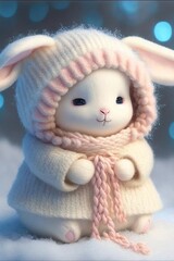 A super white cute fairy baby rabbit, wearing a sweater and a pink hat in the snow