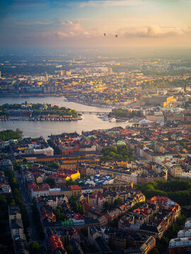 Fototapeta Helicopter View Above Central Stockholm Sunset, Sweden