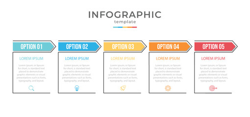 Business infographic template. Timeline process with 5 options or steps. Vector illustration.