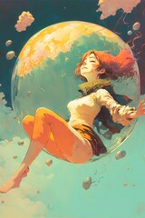 A woman floating in the exosphere between space and earth