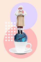 Christmas postcard collage of funny santa claus barista making aromatic espresso stand on tree toy...