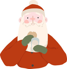 Xmas Santa Claus character riding reindeer sleigh, carrying bag with presents, putting gifts into merry christmas socks. Flat png cartoon hand drawn illustration, isolated on transparent background