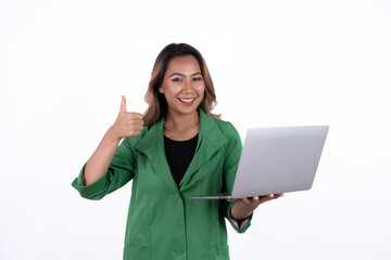 Business asian woman is holding laptop computer on white Studio background.