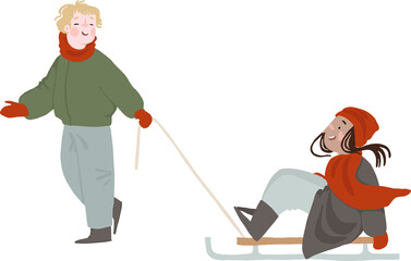 Cute girl and boy couple sledding and having fun outdoor. Cute hand drawn Winter holiday people illustration in flat cartoon style. Isolated on transparent background