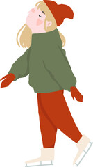 Cute girl skating and having fun outdoor. Cute hand drawn Winter holiday people illustration in flat cartoon style. Isolated on transparent background