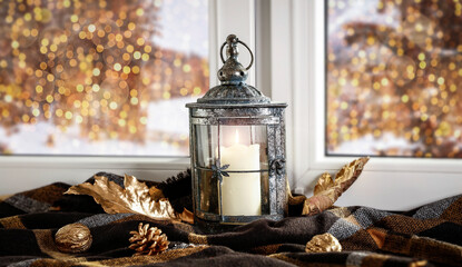 Christmas lamp on the window and free space