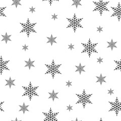 Pattern with black snowflakes on a white background, repeating pattern. Winter illustration with beautiful snowflakes