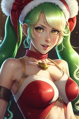 beautiful young woman as female santa claus with green hair