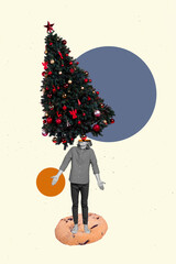 Collage photo of young indifferent guy shrug shoulders headless christmas tree with baubles...