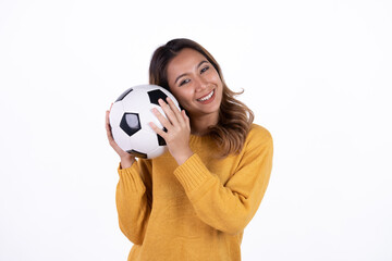 Happy Asian woman football fan cheer up support favorite team with soccer ball isolated on white background.