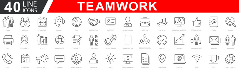 Business teamwork, team building, work group and human resources minimal thin line web icon set. Outline icons collection. Teamwork, workplace, work, business, employee. Vector illustration
