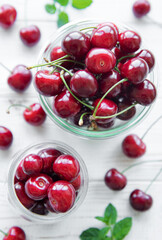 Fresh red cherries fruit in jars