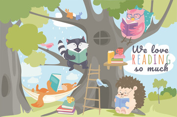 Cute animals reading books concept background. Pets love to read. Owl, raccoon, squirrel and hedgehog sitting with books near house in tree in green forest. Illustration in flat cartoon design
