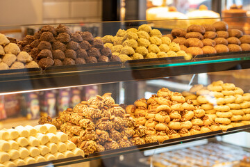 Types of cookies. Cookies on display at the patisserie counter.