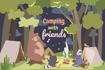 Camping with friends concept background. Cute animals resting with tents in forest. Bear, raccoon and badger roasting marshmallows on campfire in evening. Illustration in flat cartoon design