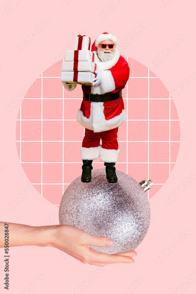 Poster christmas brochure collage of funky santa claus hold pile stack gift box stand tree decor prepare ne