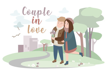 Happy couple in love concept background. Cute pair on romantic date. Loving man and woman with bouquet of flowers walking in spring park. Greeting card. Illustration in flat cartoon design