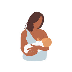 Dark skinned woman breastfeeding newborn baby. Mother holding her child. Mom feeding infant with breastmilk. Vector illustration isolated on white background