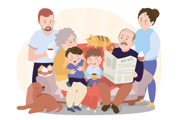 Big family is sitting on sofa concept background. Grandfather and grandmother with boys grandchildren, mother and father, pets dog and cat in living room. Illustration in flat cartoon design