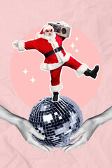 Christmas invitation collage of funky santa claus dancing rock disco ball listen boom box on pink color background © deagreez