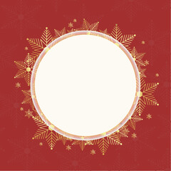 A golden frame of snowflakes on a red background with space for a copy. Christmas background, golden snowflakes, white frame.